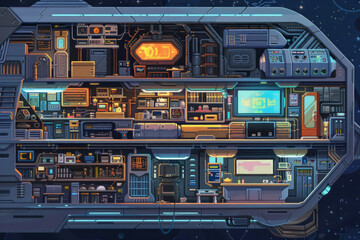 A 2D retro rpg game style of a cross-section of a spaceship with various rooms