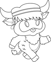Outlined Cute Highland Cow Chef Cartoon Character Jogging. Vector Hand Drawn Illustration Isolated On Transparent Background