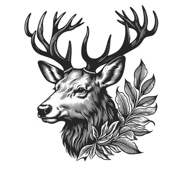 Stag deer with horns Antlers and Foliage sketch engraving generative ai fictional character raster illustration. Scratch board imitation. Black and white image.