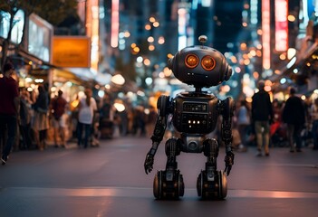 AI generated illustration of a solitary black robot amidst a bustling urban landscape
