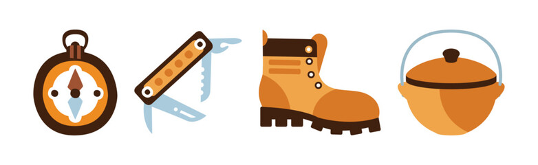 Tourist Cute Forest Equipment and Accessory Vector Set