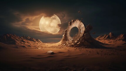 barren landscape with a giant moon in the sky and an antique clock partially buried in the sand