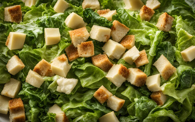 Classic Caesar salad, crisp greens, closeup with natural light - obrazy, fototapety, plakaty