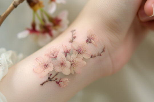 AI generated illustration of a hand with tattoos of blooming sakura