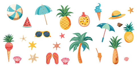 Set of cute colorful summer illustrations vector on white background.