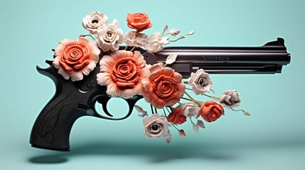 Black revolver adorned with delicate flowers. AI-generated.