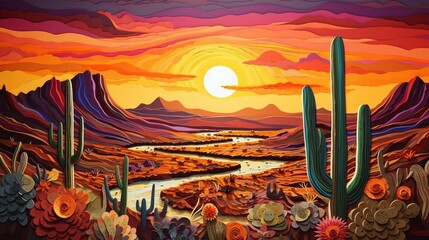 Vibrant painting featuring a vibrant landscape of cacti and mountains. AI-generated.