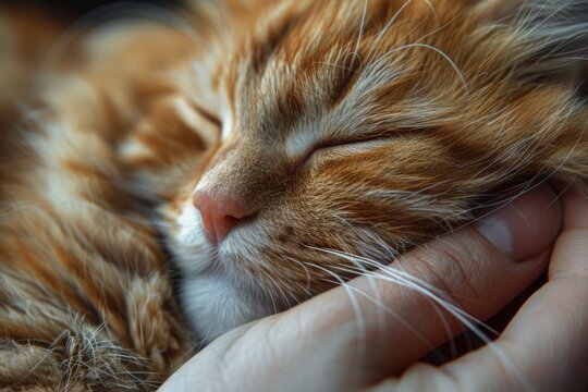 Close-up of a ginger cat being caressed by a human.
