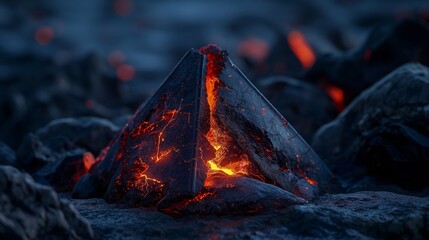 Iron pyramid with lava inside cracking against rocks.
