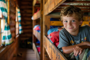 AI generated illustration of a happy young boy posing for a photo, leaning against the bunk bed - obrazy, fototapety, plakaty