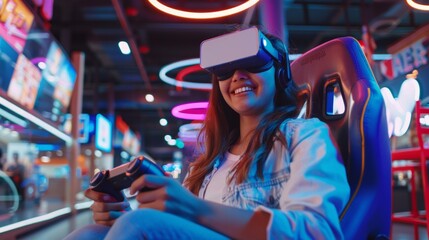 Portrait of pretty woman wearing VR goggles, immersed in a virtual reality, playing interactive games