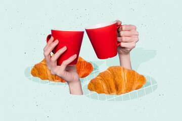 Composite collage picture image of hands hold croissant coffee mugs dessert cafe weird freak...