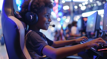 Afro american gamer young boy having fun playing in a gaming room