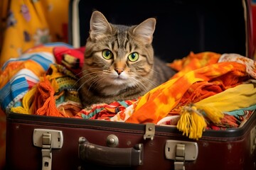 a cat sits in an open suitcase filled with blankets and blankets