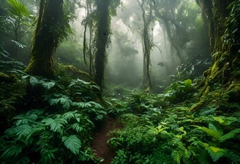 a large green forest filled with trees and ferns in the woods - obrazy, fototapety, plakaty