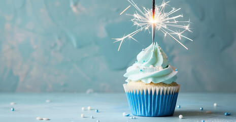 Sparkling Birthday Cupcake with Blue Frosting and Sprinkles - Powered by Adobe