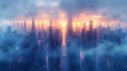 Futuristic City Skyline at Sunset with River and Bridge