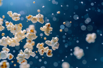 Exploding Popcorn Kernels on a Blue Background