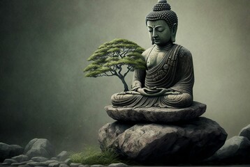 a buddha statue sitting on a rock next to a tree
