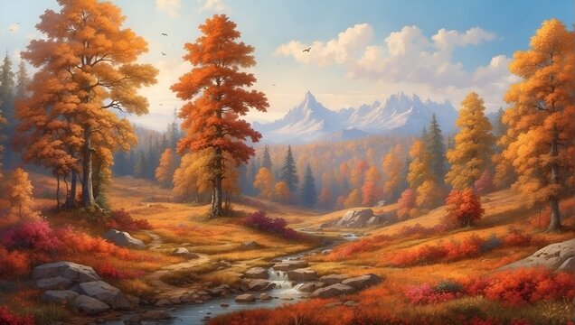 AI generated illustration of a wallpaper with a landscape painting