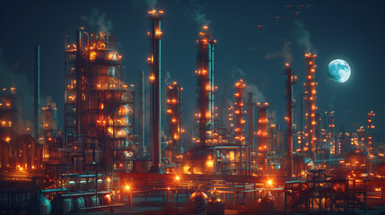 Oil Refinery in oil and gas Industrial with skyline bathed in the fiery hues of a vivid sunset with rising smoke..