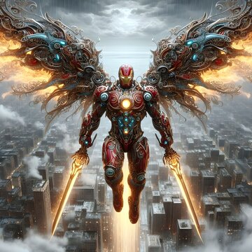 A red-brown Iron Man in red ornate steampunk armor blue and gold and large flaming wings holding a glowing sword fly high above the city.
