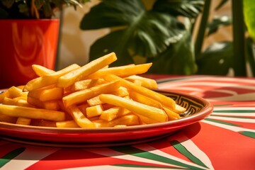 Tempting french fries on a palm leaf plate against a ceramic mosaic background