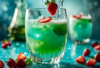a green drink with strawberries is surrounded by strawberries