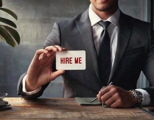 Professional candidate working man holding HIRE ME card - concept of job hunting seeking employment...