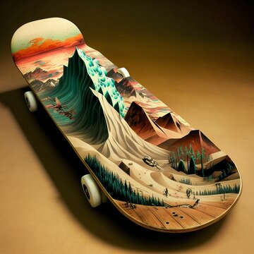 a close up of a skateboard with a mountain scene painted on it