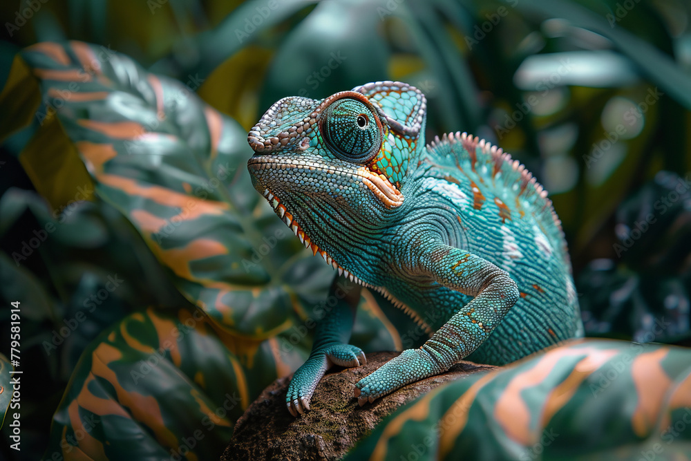 Poster A chameleon that changes not just its color but its form, blending into the forest as different anim