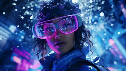 Female wearing pink protective goggles standing in an illuminated room, AI-generated. - obrazy, fototapety, plakaty