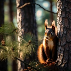Naklejka na ściany i meble Beautiful red squirrel on a pine tree in a lush forest illuminated by sunlight. AI-generated.