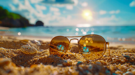 Fototapeta na wymiar Coastal Serenity with Sunglasses on Sandy Beach - AI generated digital art