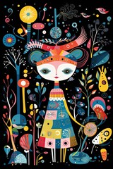 Vibrant abstract illustration featuring a girl in a quaint forest. AI-generated.