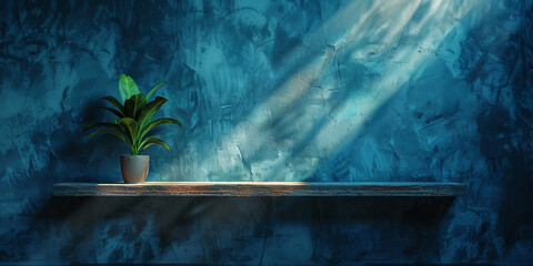 potted plant on a shelf against a blue wall.