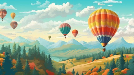 AI generated illustration of colorful hot air balloons flying above a green landscape - obrazy, fototapety, plakaty