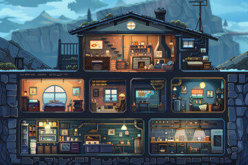 A 2D retro rpg game style of a cross-section of a house with various rooms - obrazy, fototapety, plakaty