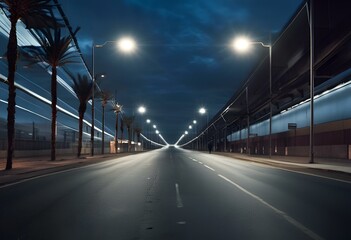 AI generated illustration of a deserted street at dusk, illuminated by lights and palm trees