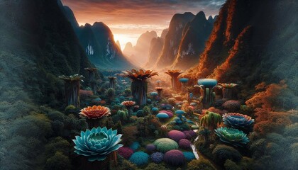 Majestic Valley of Giant Flora - A Serene Sunset Over an Enchanted Garden - AI generated digital art