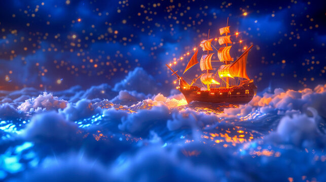 A 3D model of a ship navigating through stormy seas under a starry guide, illustrating the voyage of destiny.