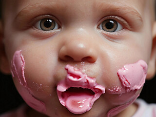 Baby in shock for tasting ice cream for the first time with dirty face and full mouth.