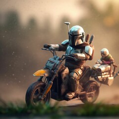 a figurine wearing a helmet riding a motorcycle next to a man - obrazy, fototapety, plakaty