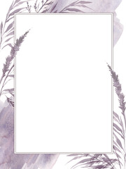 vertical frame with watercolor monochrome silhouette herbs, sketch of grass, abstract meadow plants, wild field illustration white background template for wedding decoration