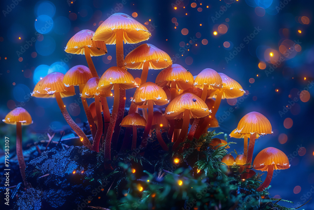 Poster Underbrush fungi that emit a soft, pulsating glow, marking safe paths through the dense forest at ni