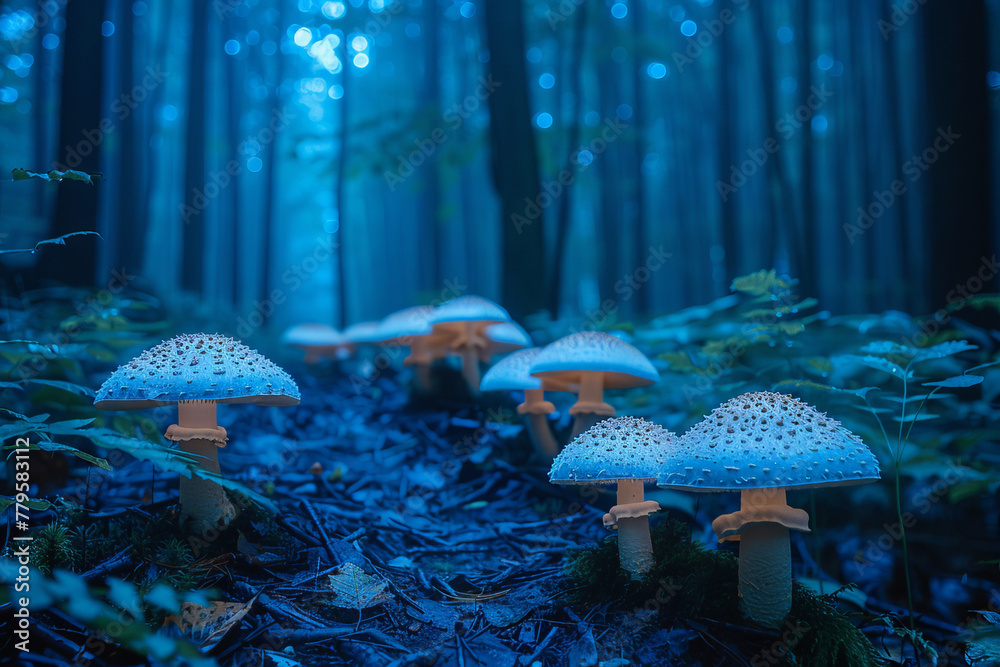 Poster Underbrush fungi that emit a soft, pulsating glow, marking safe paths through the dense forest at ni