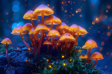 Underbrush fungi that emit a soft, pulsating glow, marking safe paths through the dense forest at ni - obrazy, fototapety, plakaty