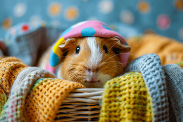 a guinea pig in a pink hat and a blanket on