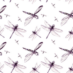 seamless pattern with summer dragonfly insect, monochrome watercolor flying damselfly, flying dragonfly spring wings illustration, water and meadow insects isolated on white background