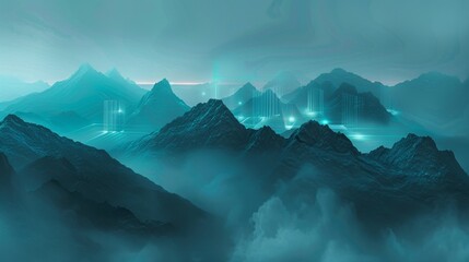 A fantasy vista of misty mountains, lit by futuristic glowing lines, evoking a galaxy color scheme - obrazy, fototapety, plakaty